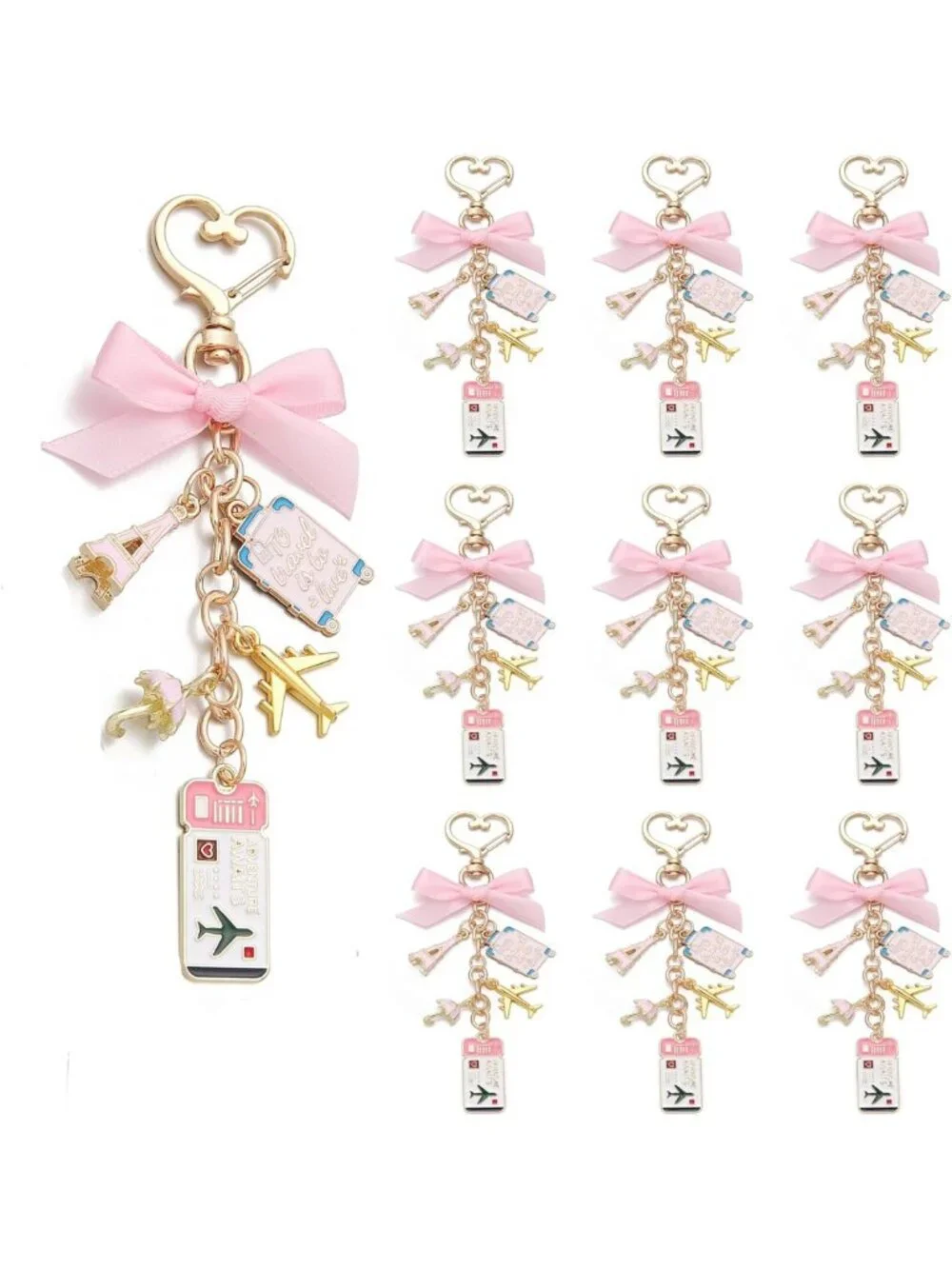 Travel Themed Keychain Set - 10PCS with Pink Bow, Gold Charms, Eiffel Tower